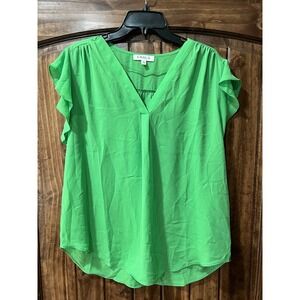 Chaus New York Women's Blouse Vibrant Green V Neck Short Sleeve Size Large NWT